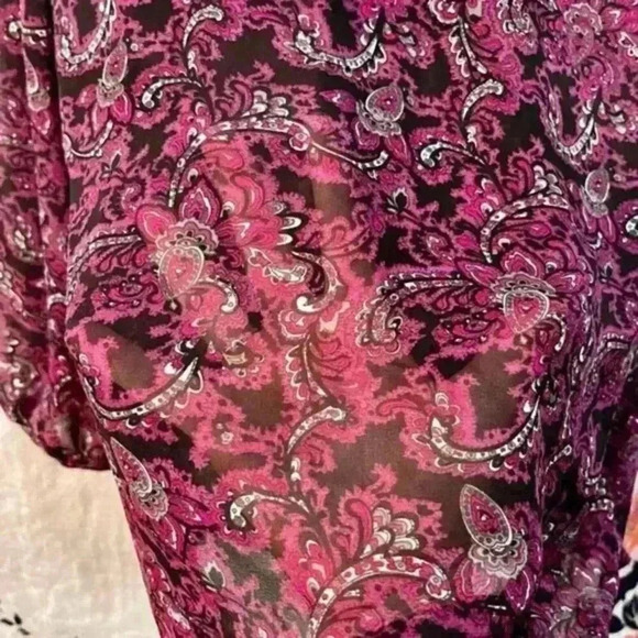 Ann Taylor Loft Sheer Work Blouse w/ Tie Closure Black/Purple/Grey Women's Sm - Picture 3 of 6